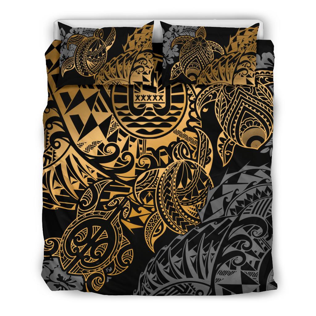 Tahiti Polynesian Bedding Set - Gold Turtle Hibiscus Flowing - Polynesian Pride