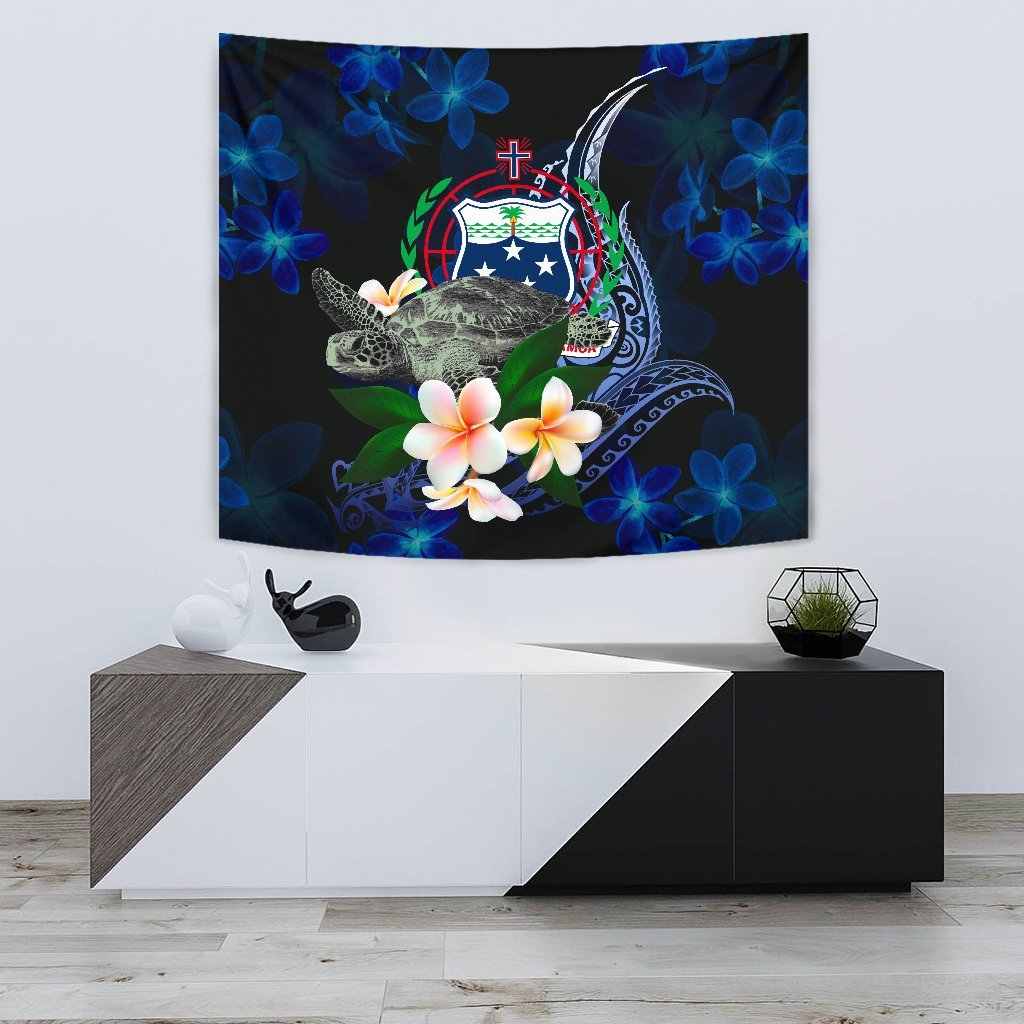 Samoa Polynesian Tapestry - Turtle With Plumeria Flowers One Style Blue - Polynesian Pride