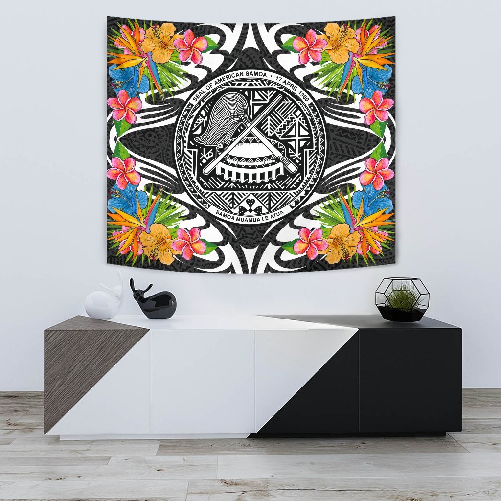 American Samoa Tapestrys - Tropical Flowers Style Wall Tapestry - American Samoa Small 60" x 51" Black - Polynesian Pride