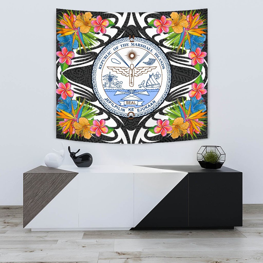 Marshall Islands Tapestrys - Tropical Flowers Style Wall Tapestry - Marshall Islands Small 60" x 51" Black - Polynesian Pride