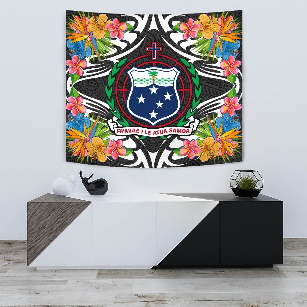 Samoa Tapestrys - Tropical Flowers Style Wall Tapestry - Samoa Small 60" x 51" Black - Polynesian Pride
