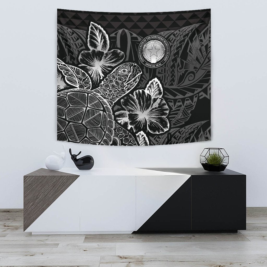 Northern Mariana Islands Tapestry - Turtle Hibiscus Pattern Black Wall Tapestry Small 60" x 51" Black - Polynesian Pride