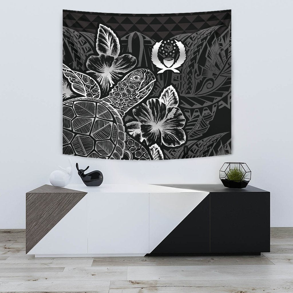 Pohnpei Tapestry - Turtle Hibiscus Pattern Black Wall Tapestry Small 60" x 51" Black - Polynesian Pride