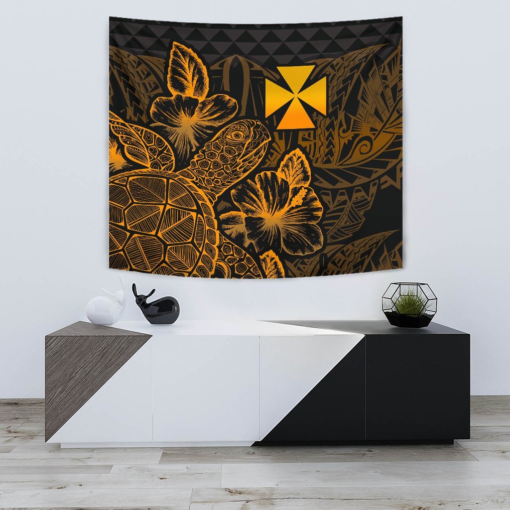 Wallis And Futuna Tapestry - Turtle Hibiscus Pattern Gold Wall Tapestry Small 60" x 51" Gold - Polynesian Pride