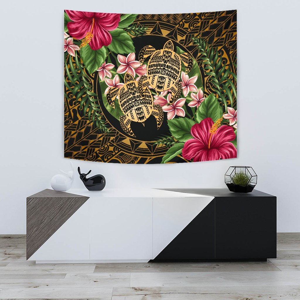 hawaiiTapestry - Turtle Strong Pattern Hibiscus Plumeria Art AH Wall Tapestry 75cm*90cm Black - Polynesian Pride