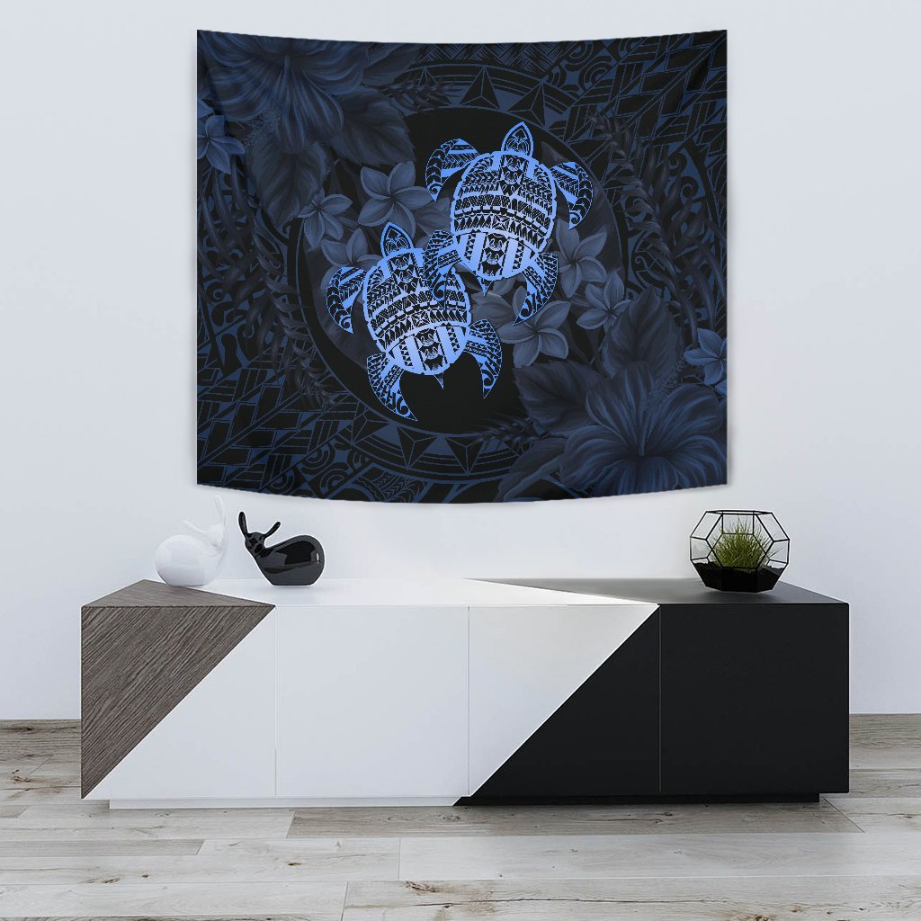 hawaiiTapestry - Turtle Strong Pattern Hibiscus Plumeria Blue AH Wall Tapestry 75cm*90cm Blue - Polynesian Pride