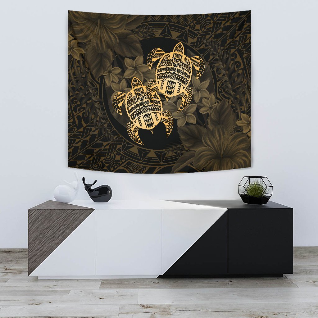 hawaiiTapestry - Turtle Strong Pattern Hibiscus Plumeria Gold AH Wall Tapestry Small 60" x 51" Gold - Polynesian Pride