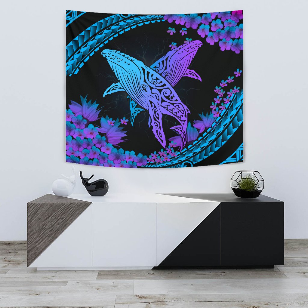 Hawaii Whale Polynesian Hibiscus Tapestry - Lae Style Wall Tapestry Small 60" x 51" Black - Polynesian Pride