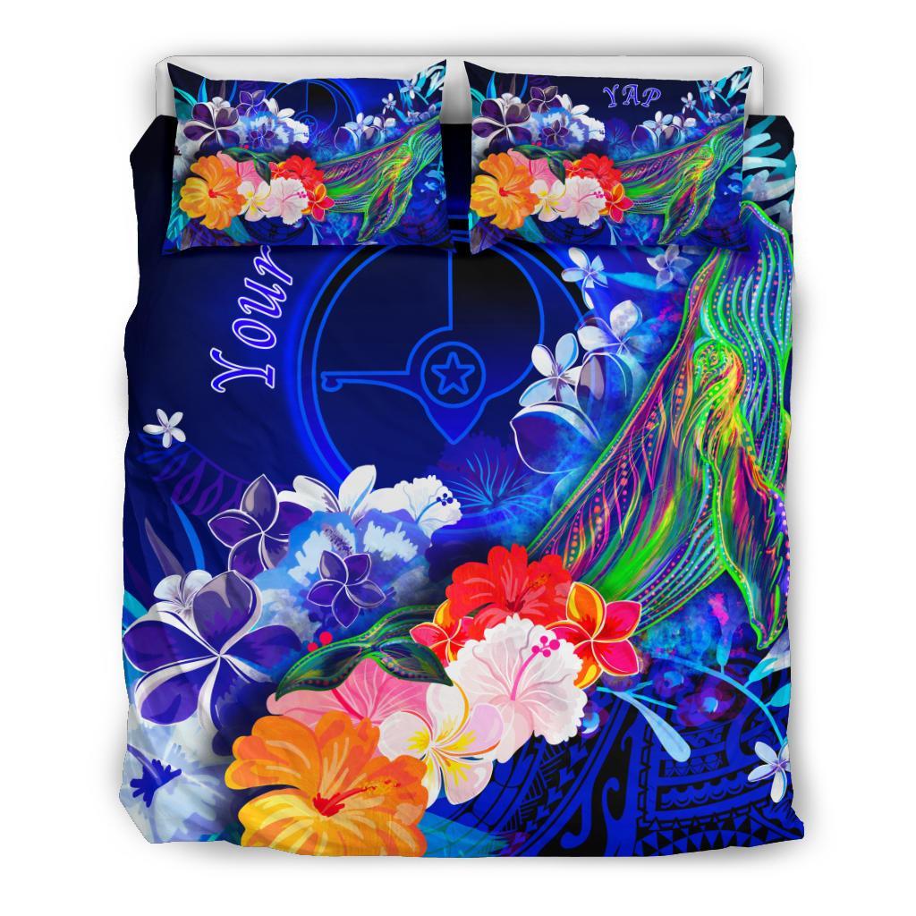 Custom Personalised Yap Bedding Set - Humpback Whale with Tropical Flowers (Blue) - Polynesian Pride
