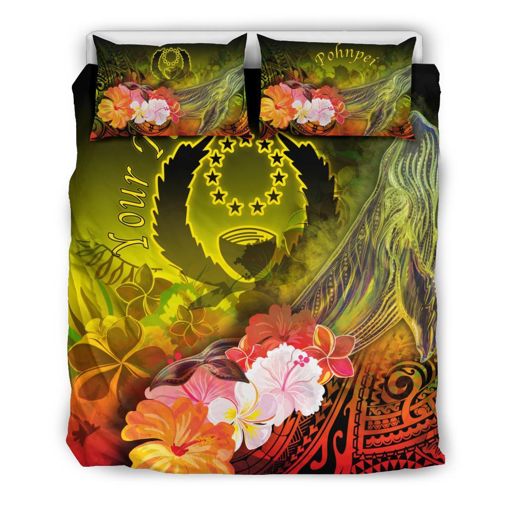 Pohnpei Custom Personalised Bedding Set - Humpback Whale with Tropical Flowers (Yellow) - Polynesian Pride