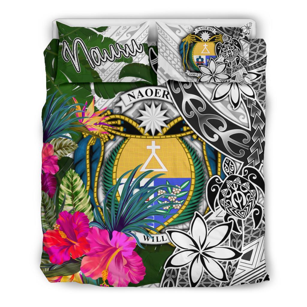 Nauru Bedding Set White - Turtle Plumeria Banana Leaf Crest - Polynesian Pride