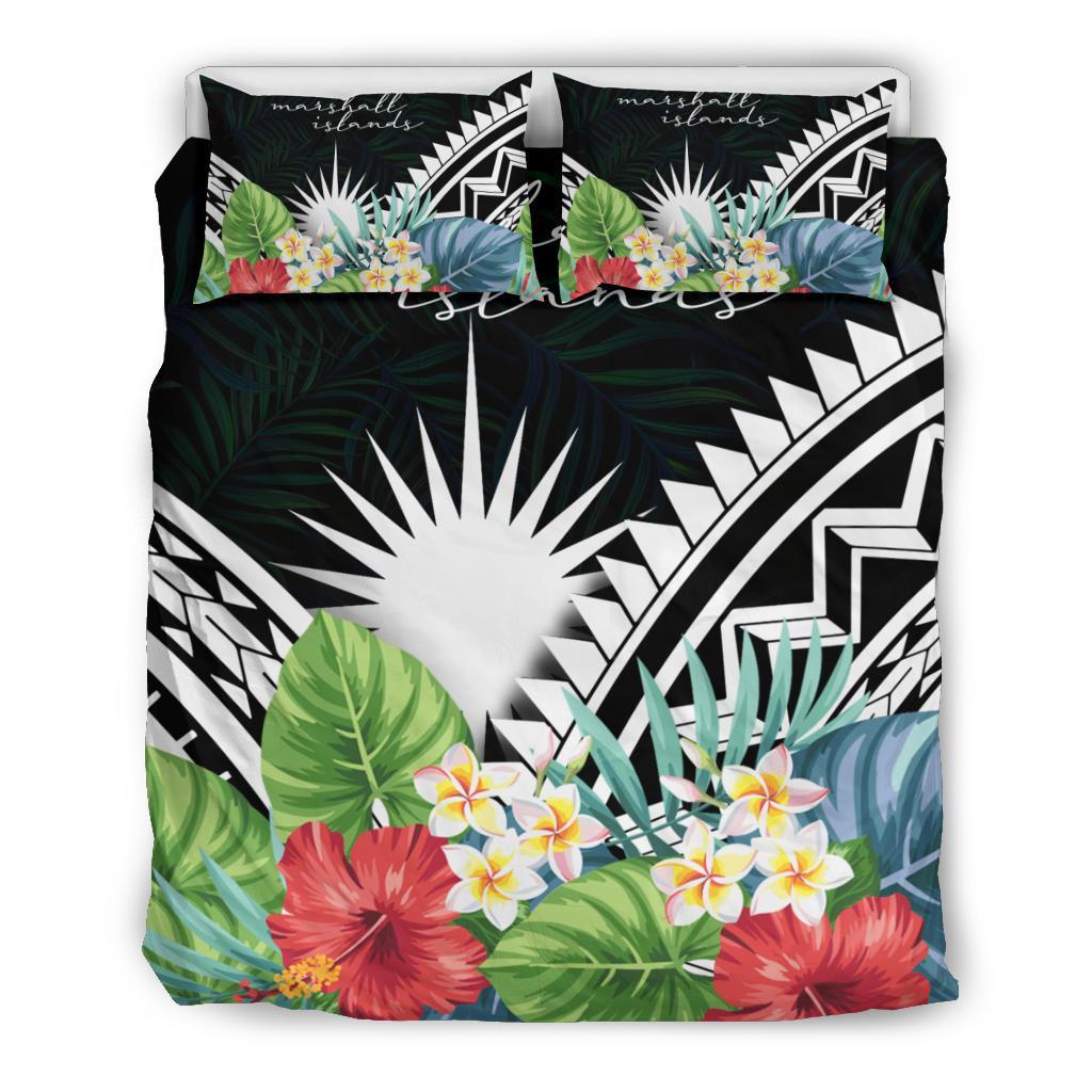 Marshall Islands Bedding Set - Marshall Islands Coat of Arms & Polynesian Tropical Flowers White - Polynesian Pride