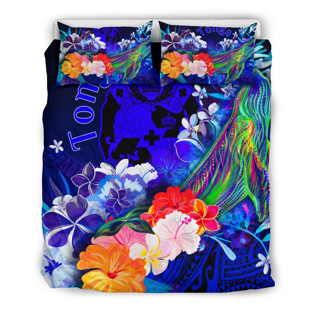 Tonga Bedding Set - Humpback Whale with Tropical Flowers (Blue) - Polynesian Pride