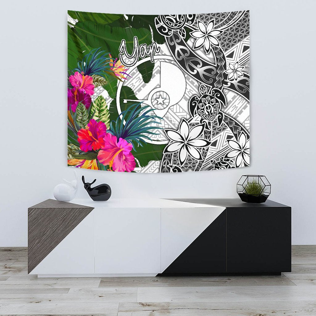Yap Tapestry White - Turtle Plumeria Banana Leaf - Polynesian Pride