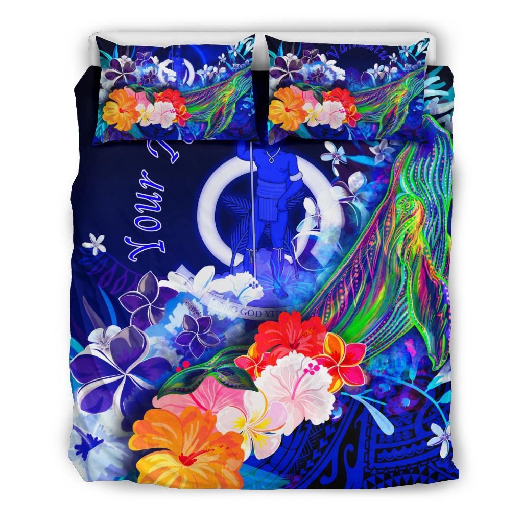 Vanuatu Custom Personalised Bedding Set - Humpback Whale with Tropical Flowers (Blue) - Polynesian Pride
