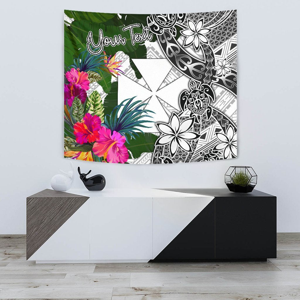 Wallis And Futuna Custom Personalised Tapestry White - Turtle Plumeria Banana Leaf - Polynesian Pride
