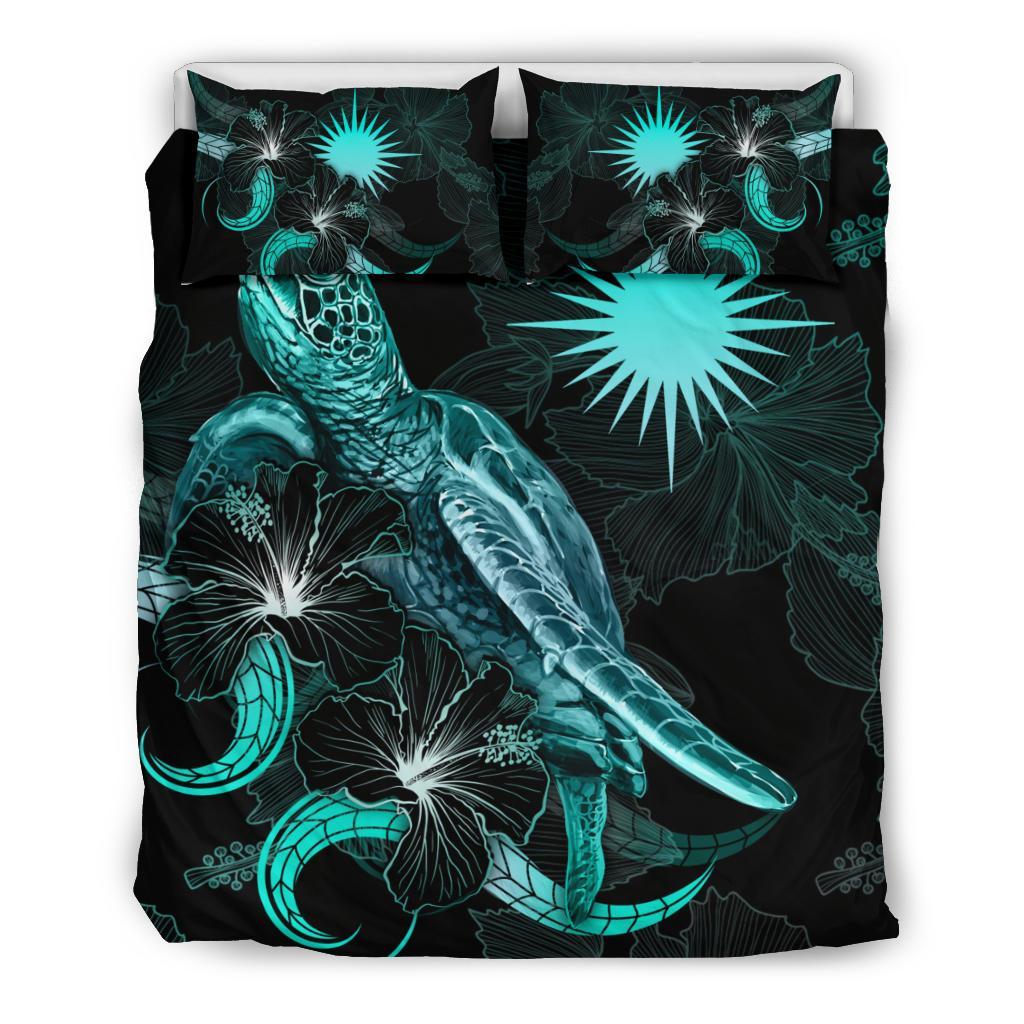 Marshall Islands Polynesian Bedding Set - Turtle With Blooming Hibiscus Turquoise - Polynesian Pride