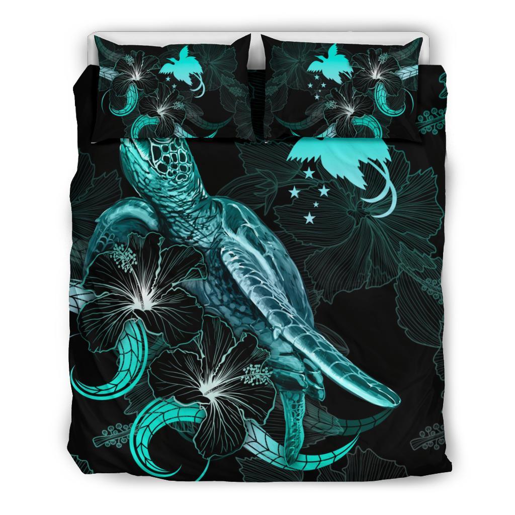 Papua New Guinea Polynesian Bedding Set - Turtle With Blooming Hibiscus Turquoise - Polynesian Pride