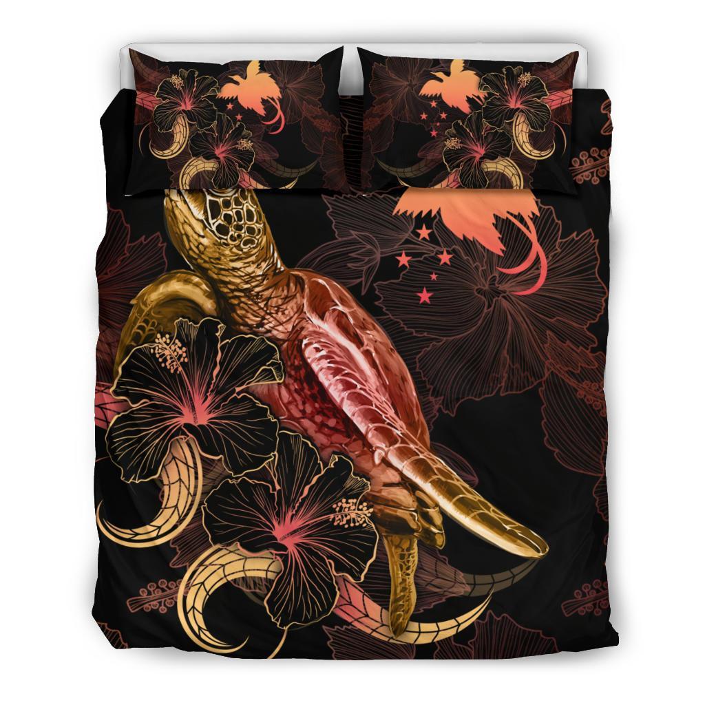 Papua New Guinea Polynesian Bedding Set - Turtle With Blooming Hibiscus Gold - Polynesian Pride