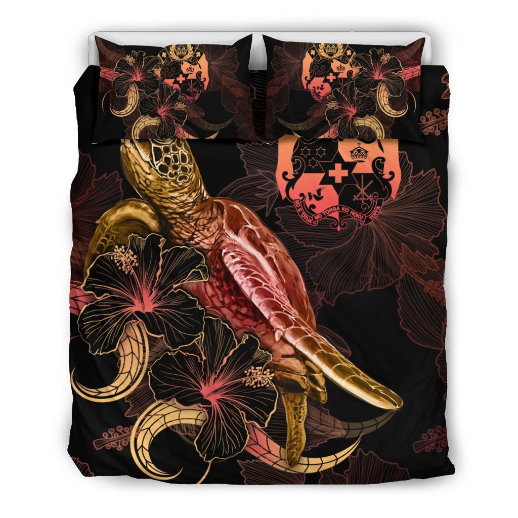Tonga Polynesian Bedding Set - Turtle With Blooming Hibiscus Gold - Polynesian Pride