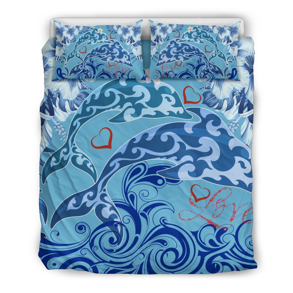 Hawaii Dolphin Couple Valentine's Hibiscus Bedding Set - Tender Style - AH Blue - Polynesian Pride