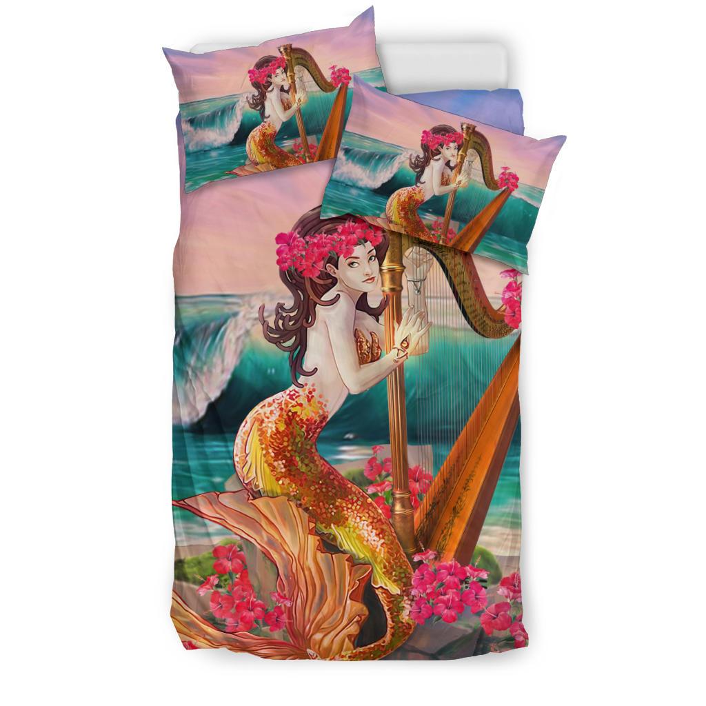 Hawaiian Mermaid Plays Harp On Sea Polynesian Bedding Set - Polynesian Pride