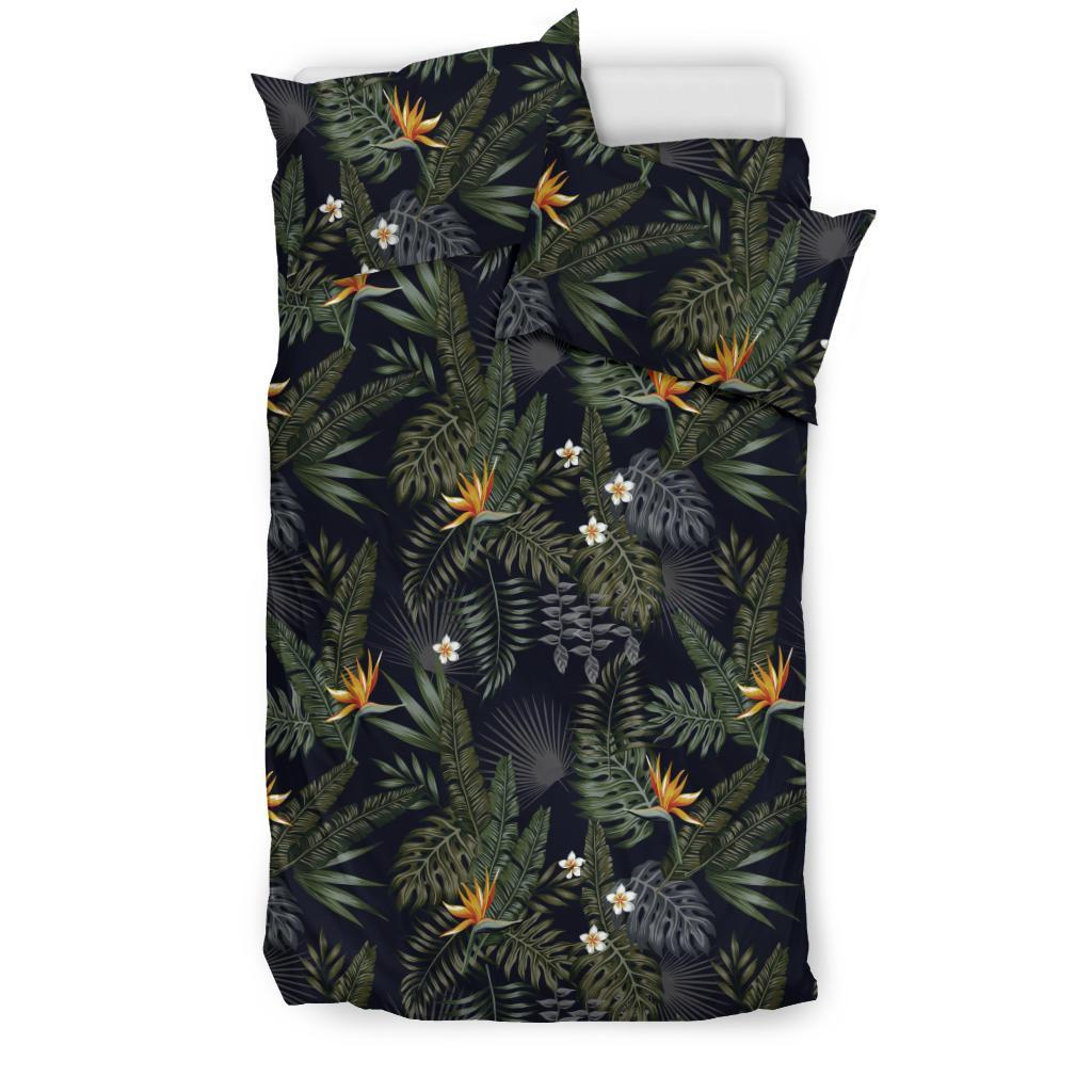 Hawaiian Tropical Strelitzia Monstera Palm Leaves And Flowers In The Night Polynesian Bedding Set - Polynesian Pride