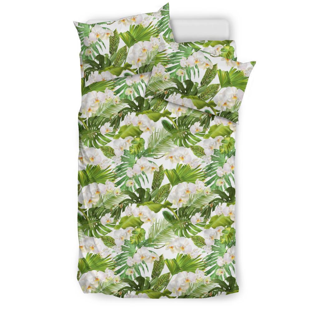 Hawaiian Tropical Plumeria Orchids Monstera White Polynesian Bedding Set - Polynesian Pride