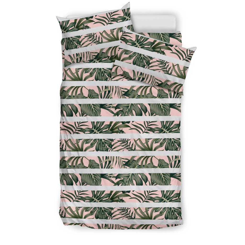 Hawaiian Tropical Green Leaves Seamless White Stripes Pink Background Polynesian Bedding Set - Polynesian Pride