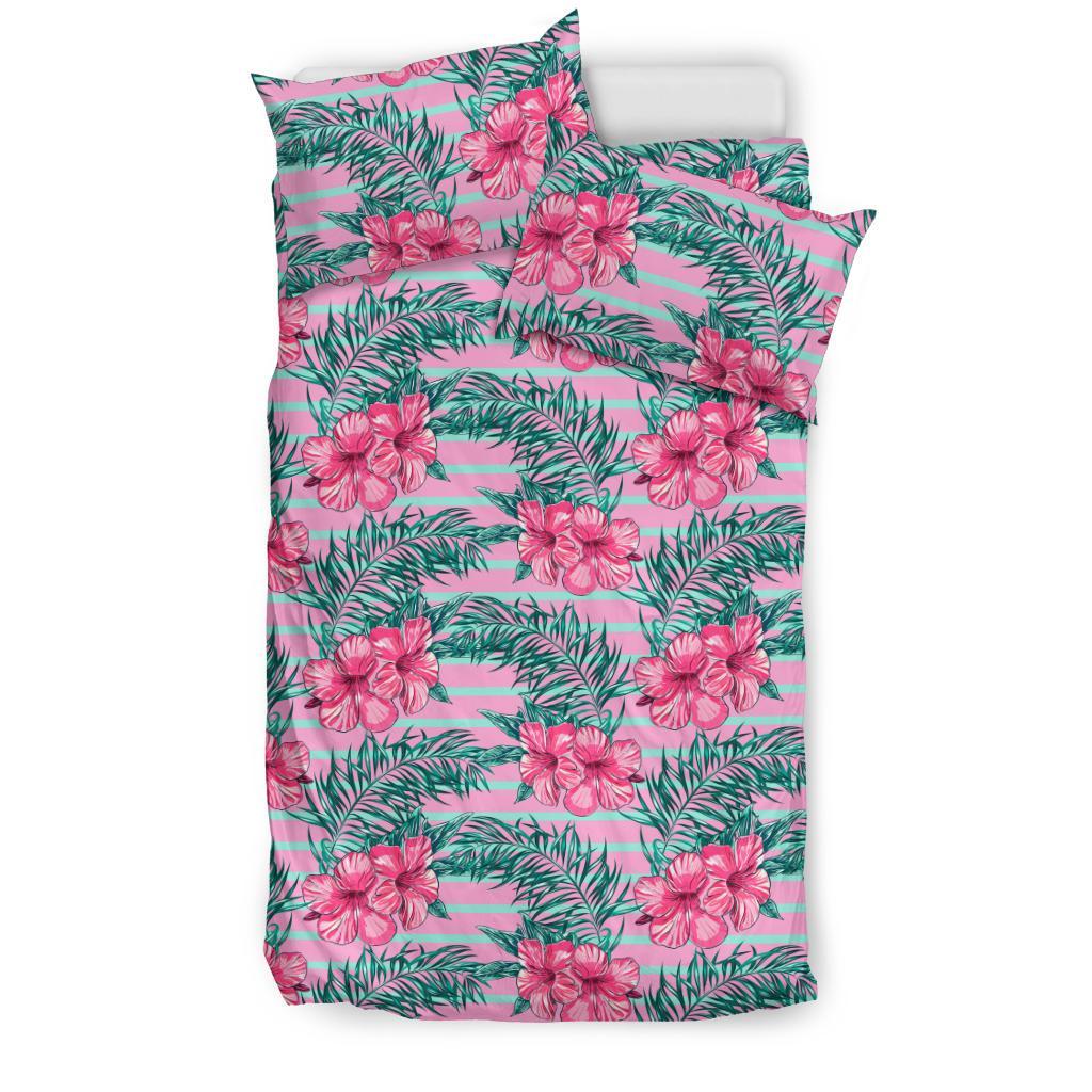 Hawaiian Tropical Flowers Palm Leaves Hibiscus Strips Polynesian Bedding Set - Polynesian Pride