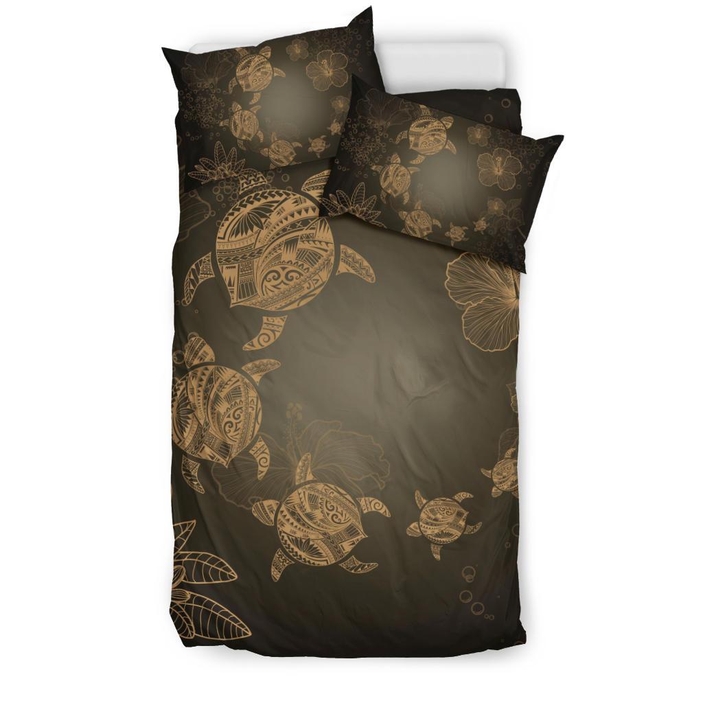 Hawaiian Plumeria Hibiscus Turtle Under The Sea Polynesian Bedding Set Gold - Polynesian Pride