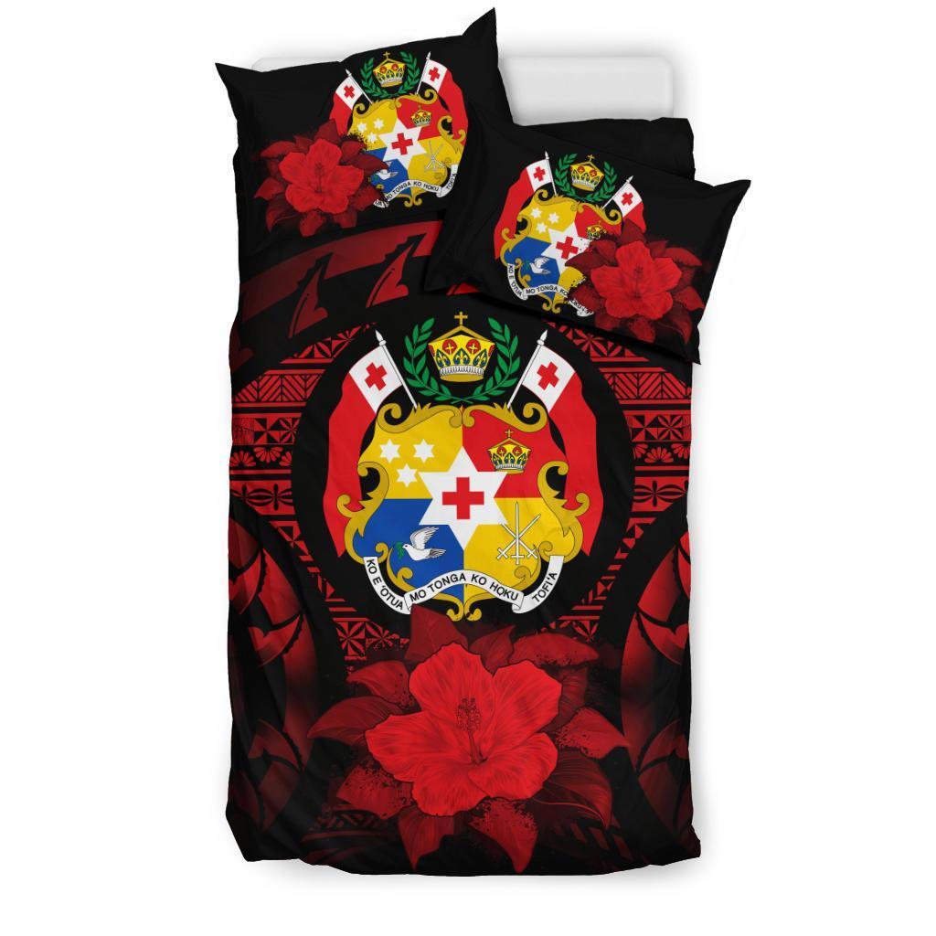 Tonga Duvet Cover Set - Tonga Coat Of Arms & Red Hibiscus - Polynesian Pride
