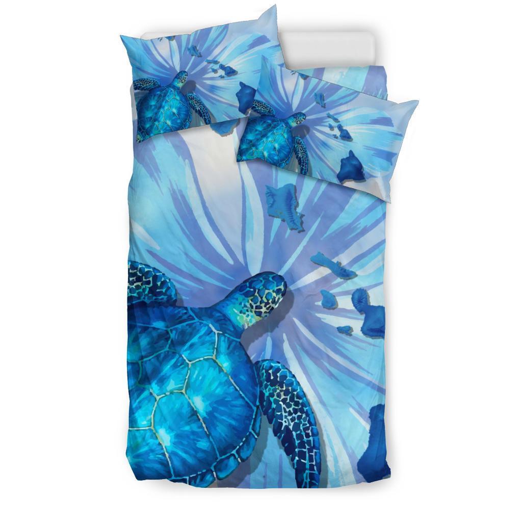 Hawaiian Map Hibiscus Flower Turtle Polynesian Bedding Set Blue - Polynesian Pride