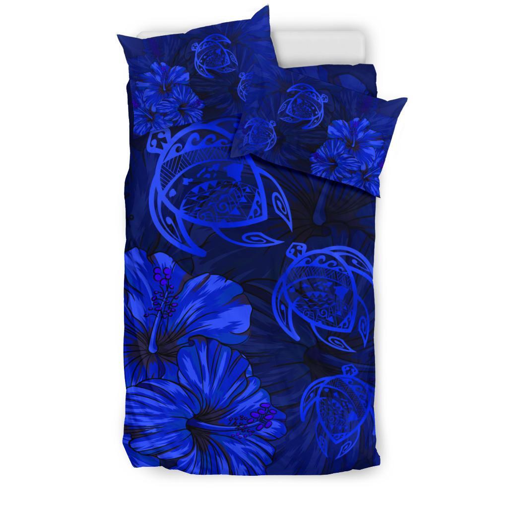 Hawaiian Map Turtle Hibiscus Vintage Polynesian Bedding Set Blue - Polynesian Pride