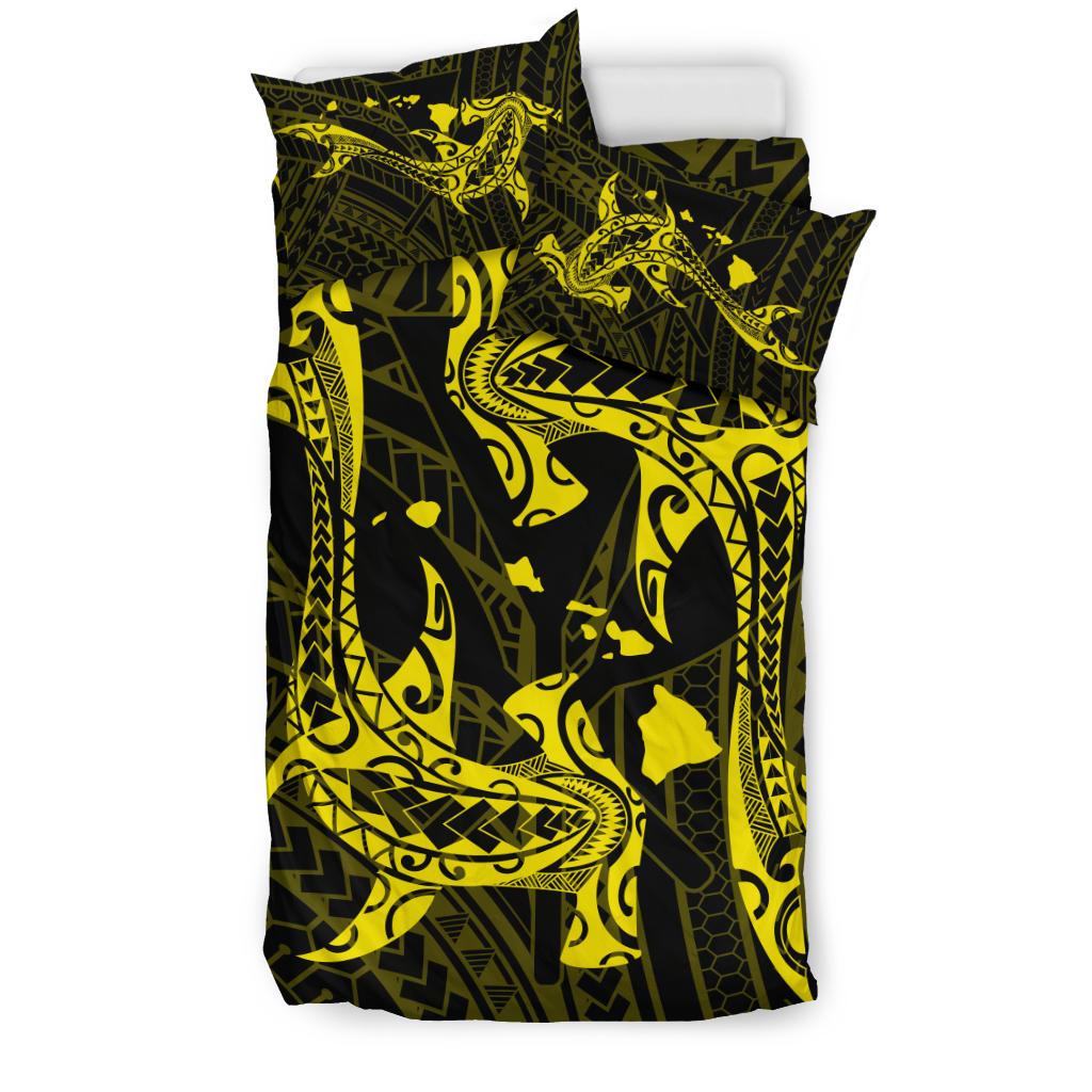 Hawaiian Map Hamerhead Shark Yin Yang Polynesian Bedding Set - Yellow - Polynesian Pride