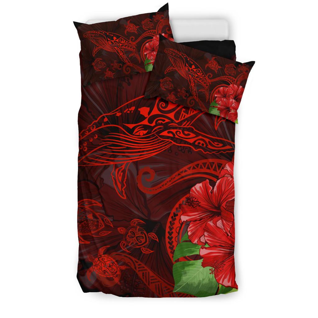 Hawaiian Hibiscus Whale Turtle Dance Polynesian Bedding Set - Red - Polynesian Pride