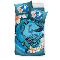 Polynesian Duvet Cover Set - Yap Bedding Set Blue Plumeria Animal Tattoo - Polynesian Pride