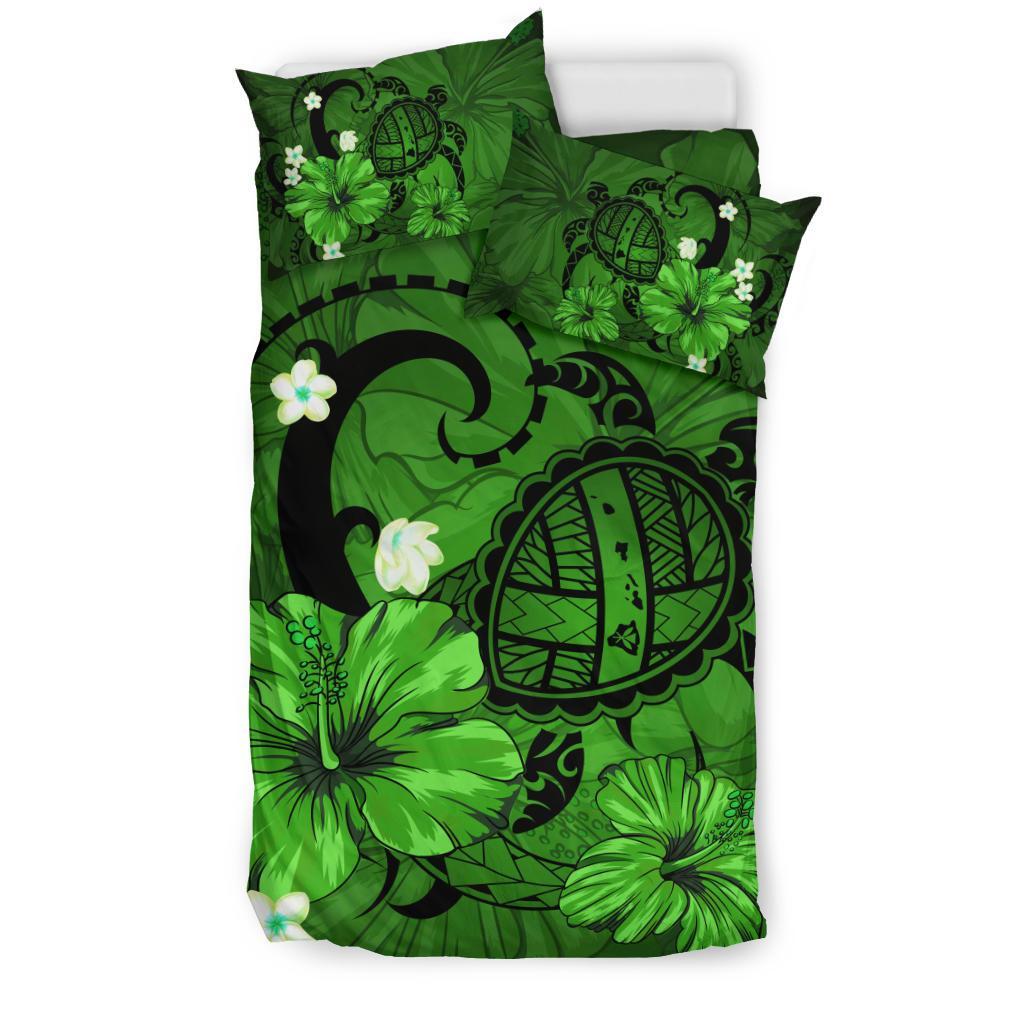 Hawaiian Map Big Turtle Hibiscus Plumeria Tribal Polynesian Bedding Set - Green - Polynesian Pride