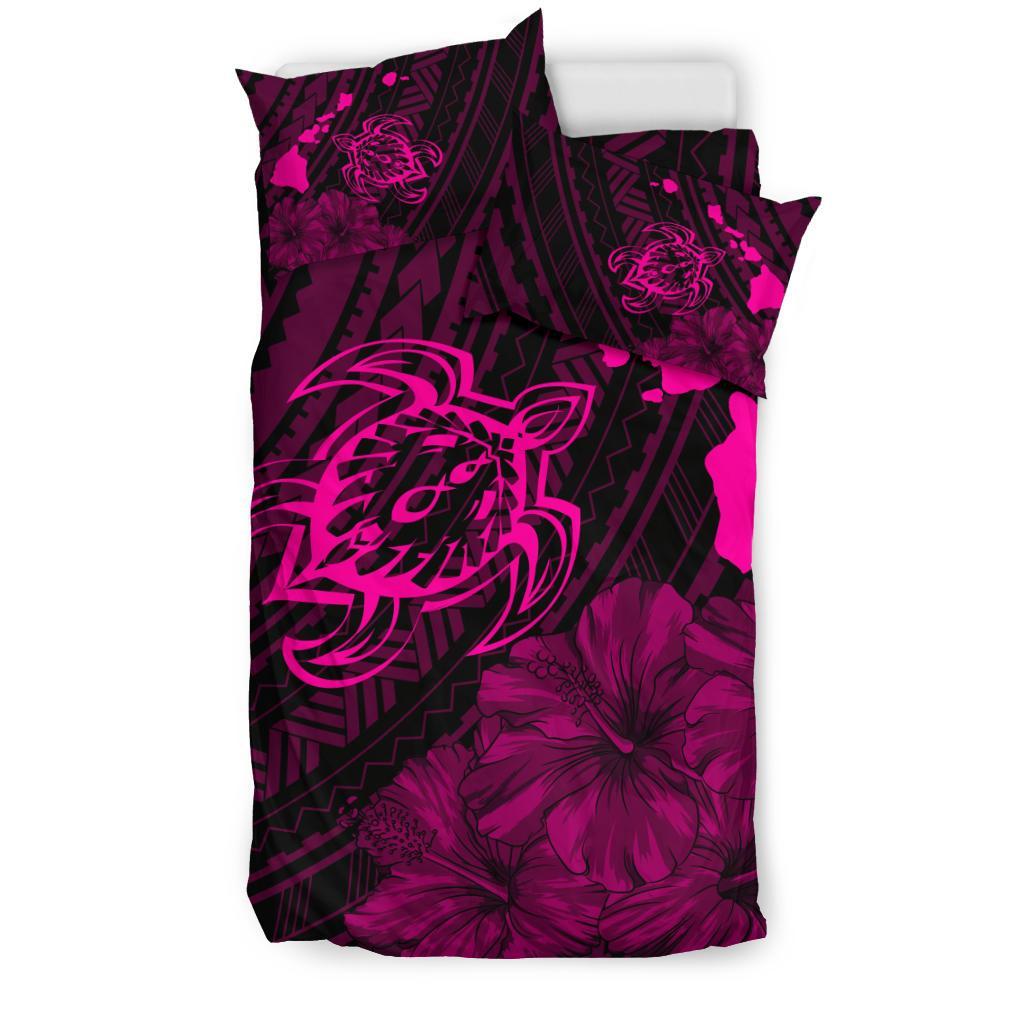 Hawaiian Map Sea Turtle Is Swimming Toward Polynesian Bedding Set Pink - Polynesian Pride