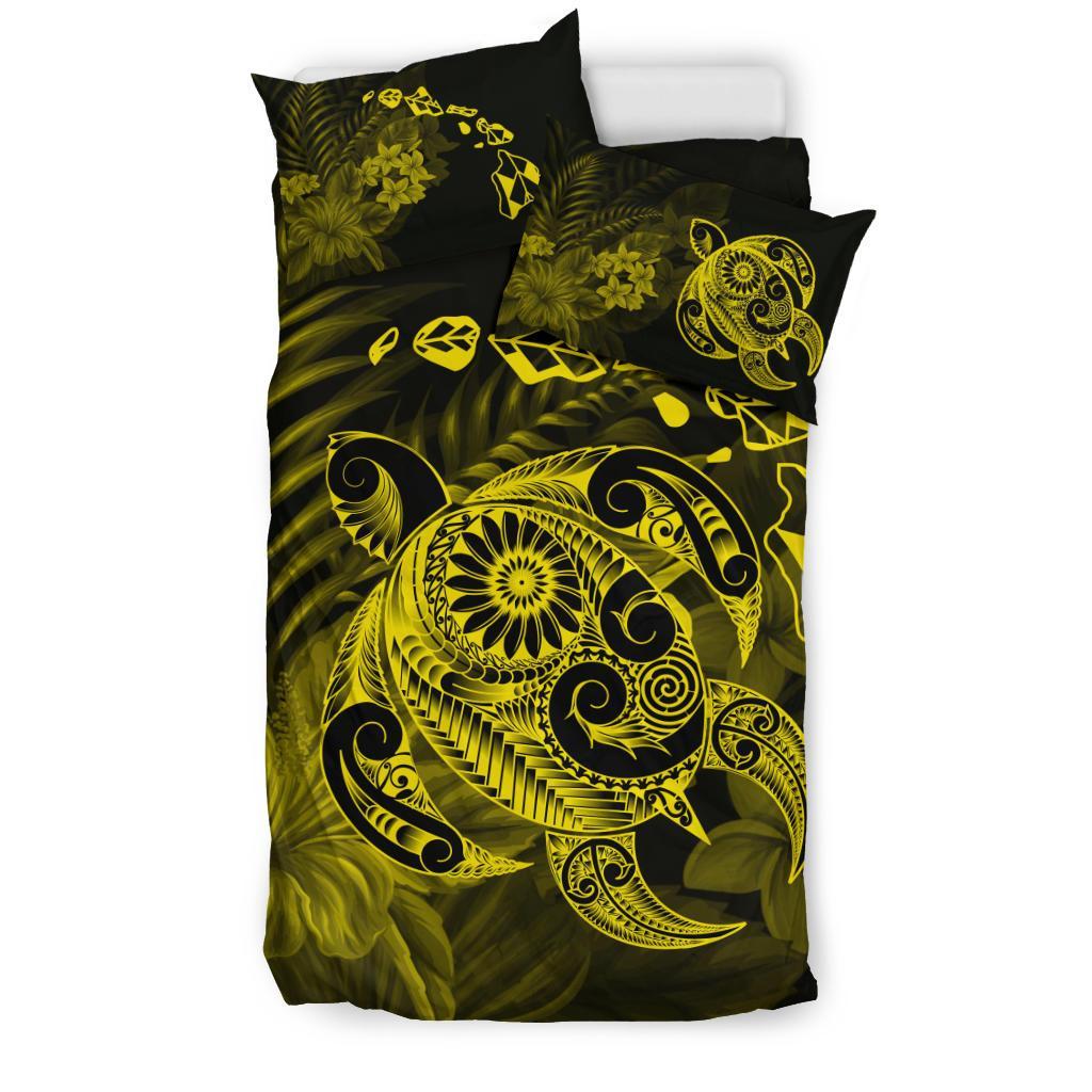 Hawaiian Map Turtle Tattoo Hibiscus Plumeria Polynesian Bedding Set - Yellow - Polynesian Pride