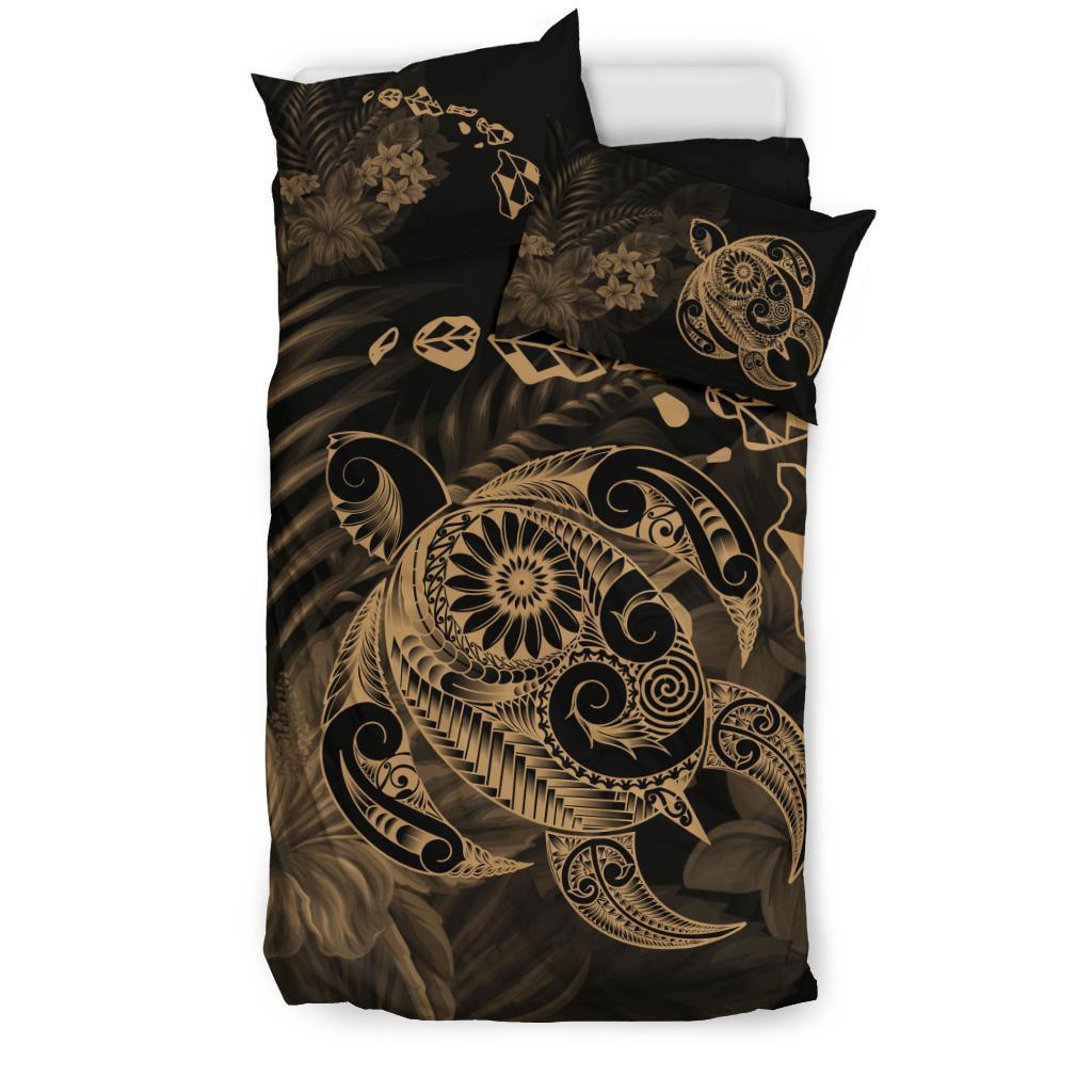 Hawaiian Map Turtle Tattoo Hibiscus Plumeria Polynesian Bedding Set - Gold - Polynesian Pride