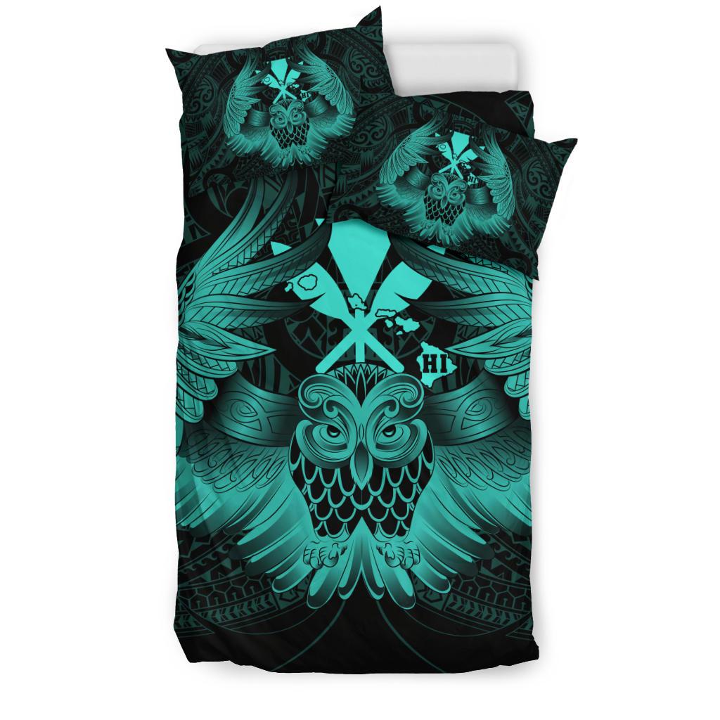 Hawaiian Map Owl Kanaka Bedding Set - Pueo Aumakua - Turquoise - Polynesian Pride