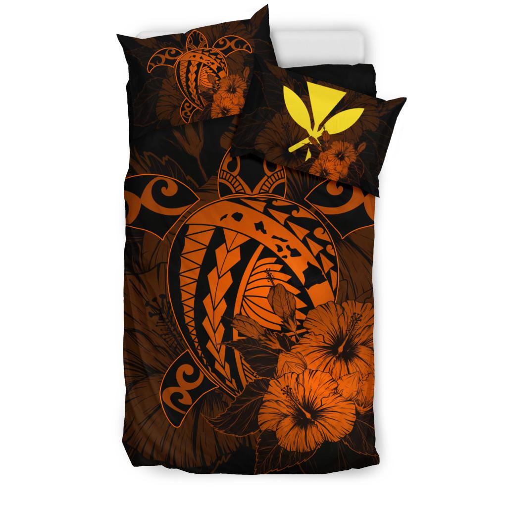 Hawaiian Map Hibiscus Kanaka Polynesian Bedding Set - Harold Turtle - Orange - Polynesian Pride
