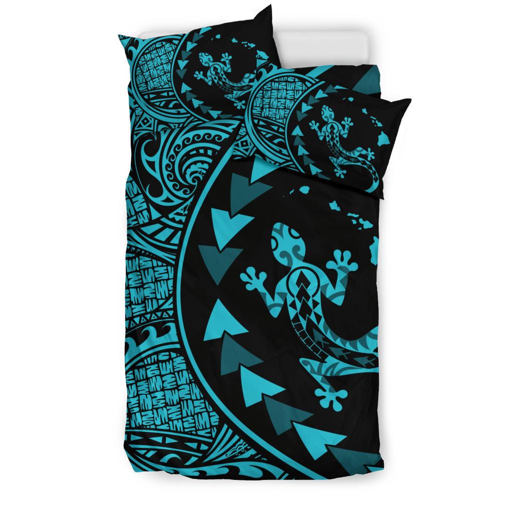 Hawaiian Map Gecko Tattoo Kakau Polynesian Bedding Set Blue - Polynesian Pride