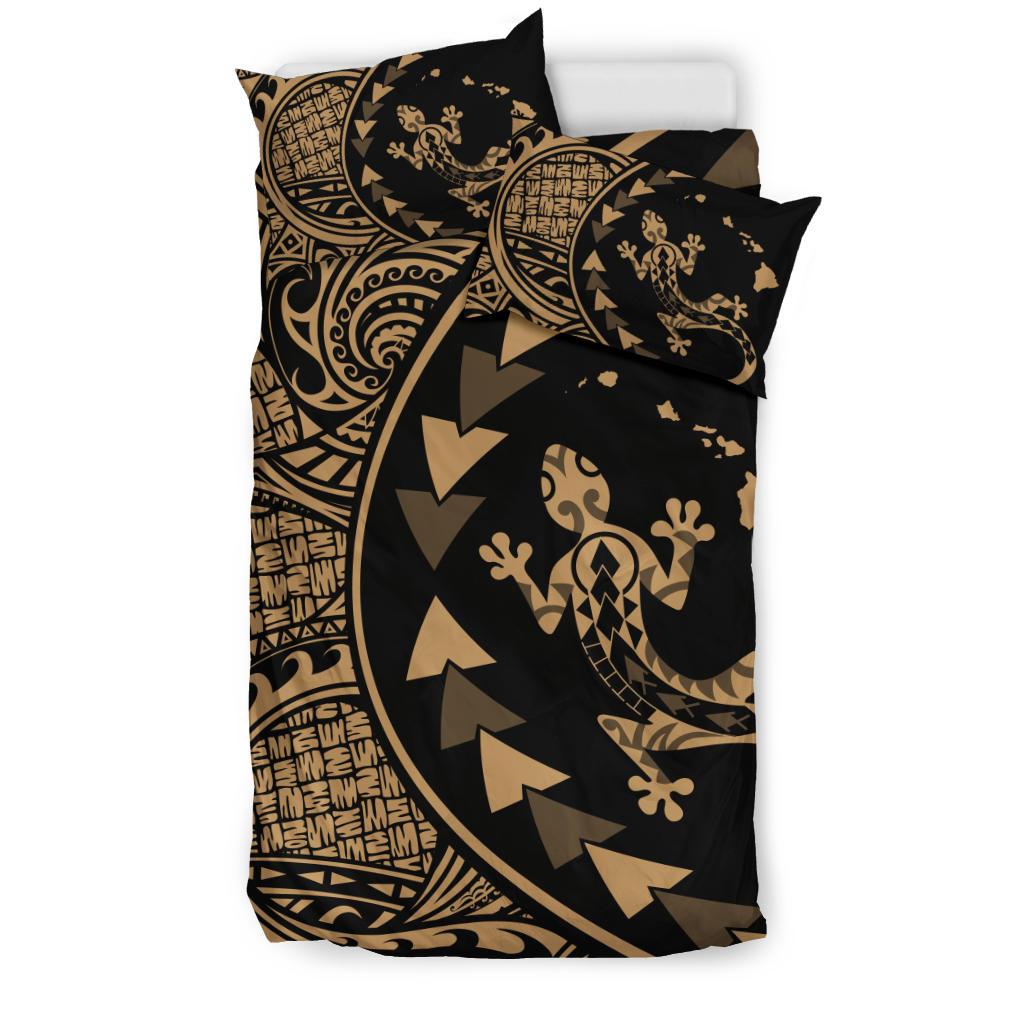 Hawaiian Map Gecko Tattoo Kakau Polynesian Bedding Set Gold - Polynesian Pride