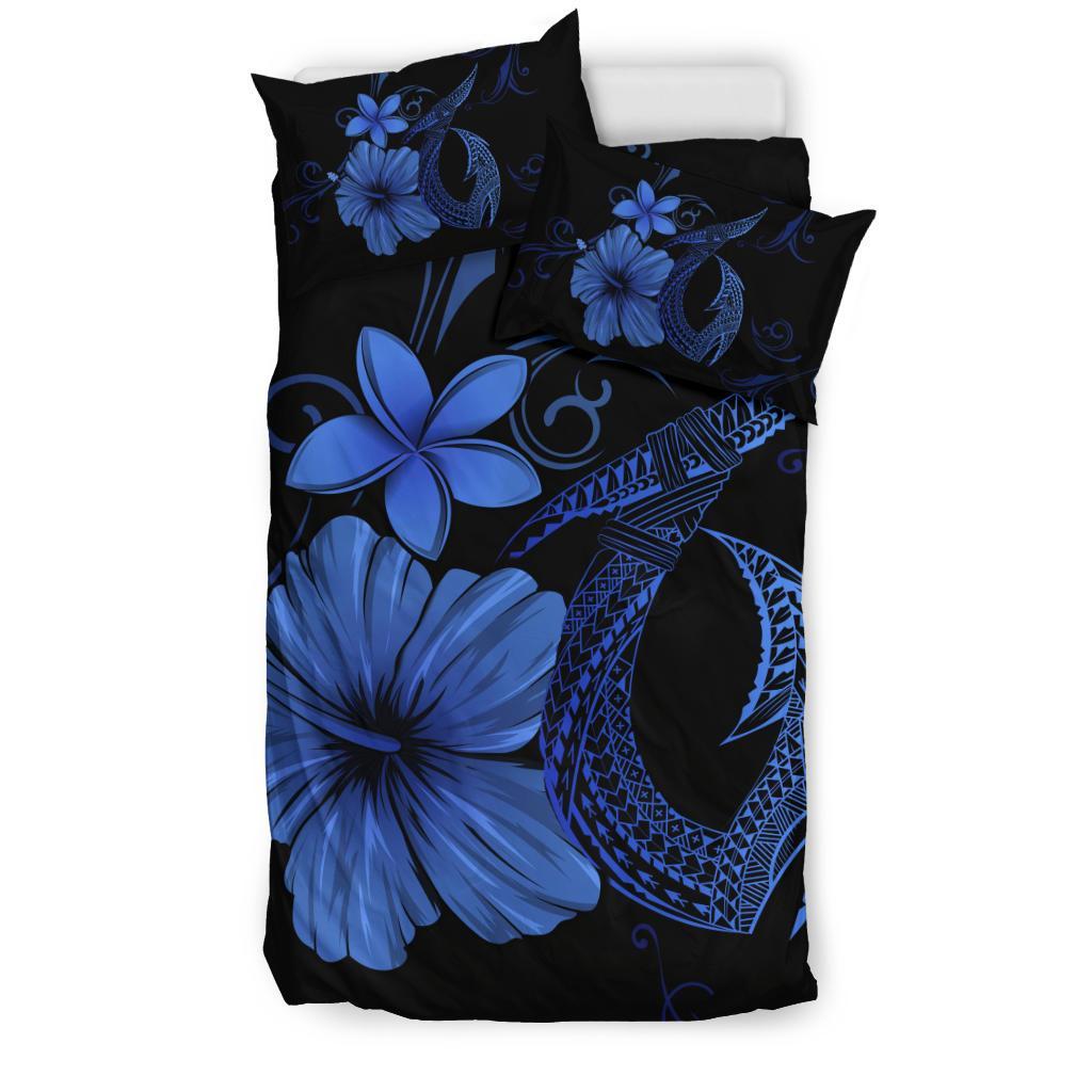 Hawaiian Fish Hook Hibiscus Plumeria Polynesian Bedding Set - Blue - Polynesian Pride