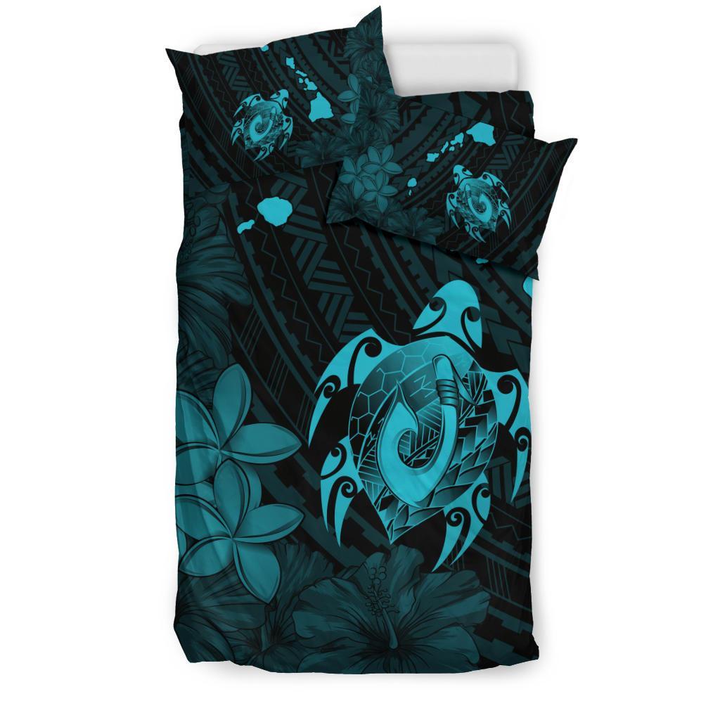 Hawaiian Map Turtle Plumeria Hibiscus Fish Hook Polynesian Bedding Set Blue - Polynesian Pride