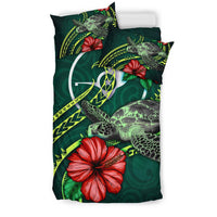 Polynesian Bedding Set - Yap Micronesia Duvet Cover Set Green Turtle Hibiscus - Polynesian Pride