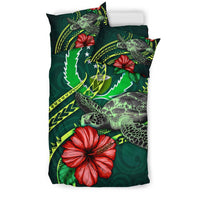Polynesian Bedding Set - Pohnpei Micronesia Duvet Cover Set Green Turtle Hibiscus - Polynesian Pride