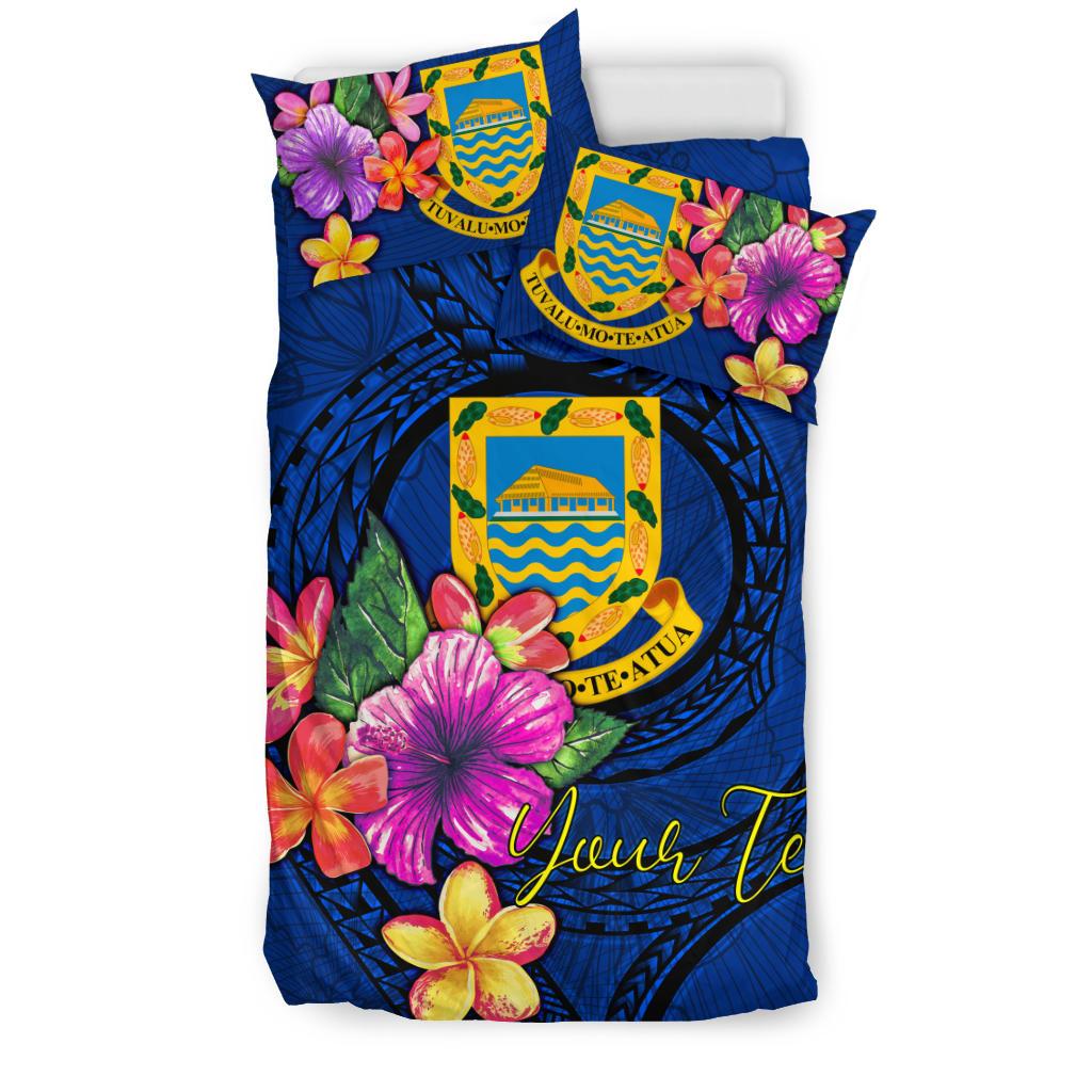 Polynesian Custom Personalised Bedding Set - Tuvalu Duvet Cover Set Floral With Seal Blue - Polynesian Pride